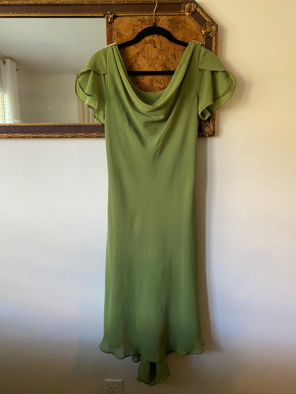 Vintage y2k Green Cowl Neck Rhinestone Ruffle Midi Dress Fairy Boho Size 8